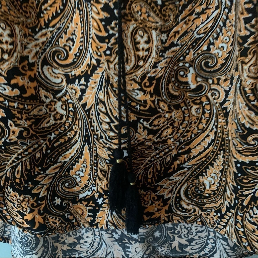 Bar III Long Sleeve Patterned Blouse with Black Tassels. Size Large - Picture 5 of 5